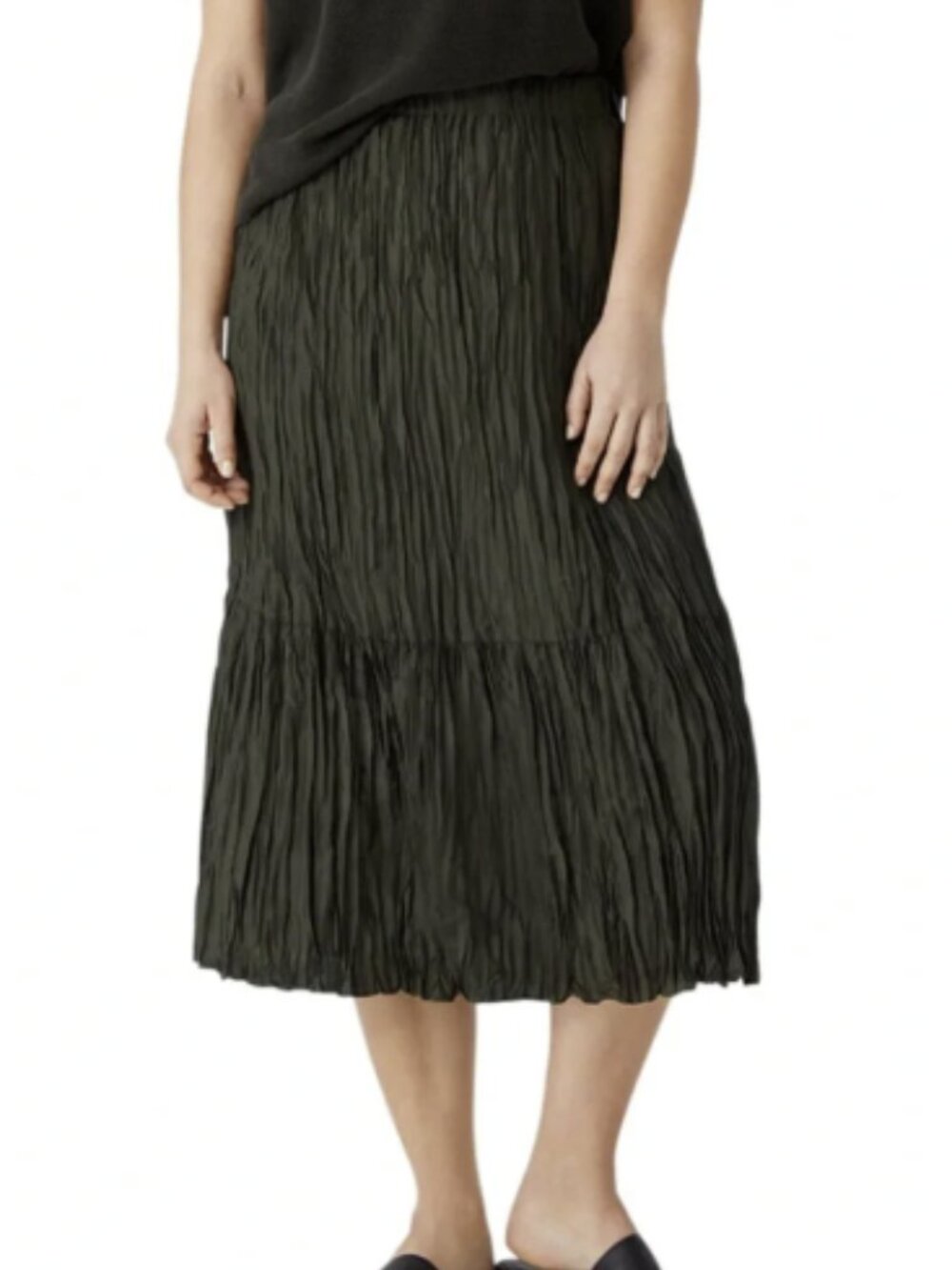 Eileen Fisher Silk Habutai Skirt Tiered Elastic Waist Seawood Dark Green Small